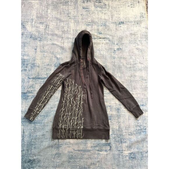 Free People Gray Tree Branch Hooded Button Neckline Pullover Sweater Medium - Picture 1 of 5